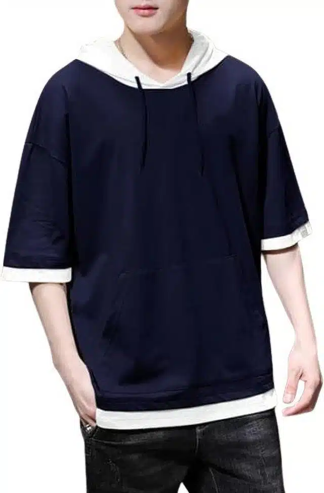 Mens Solid Hooded T-Shirt (Blue, XL) (S-07)