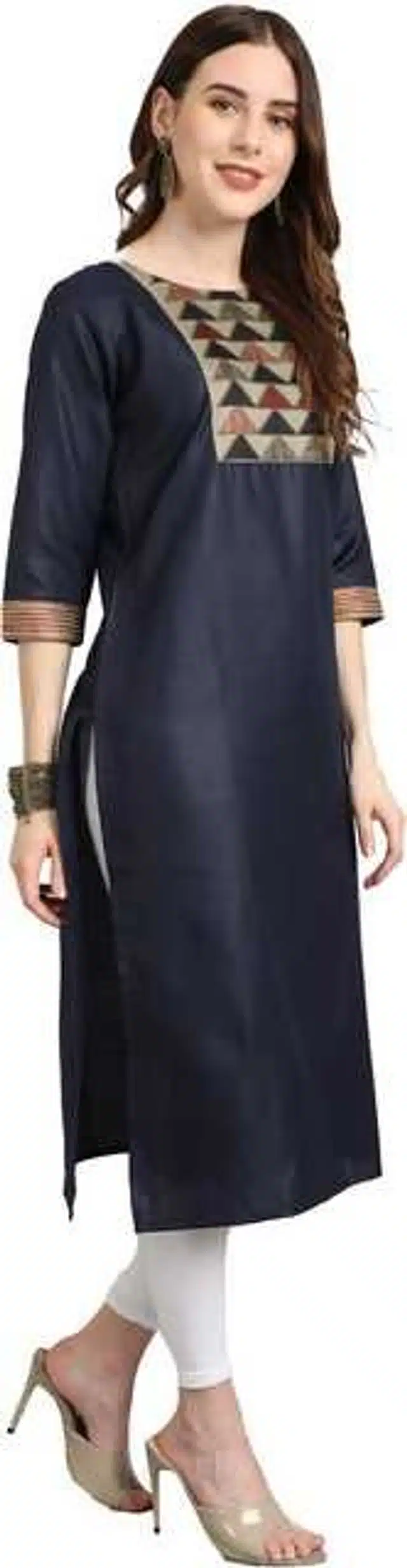 Women Cotton Blend Printed Kurta (Navy Blue, L) (SD-649)