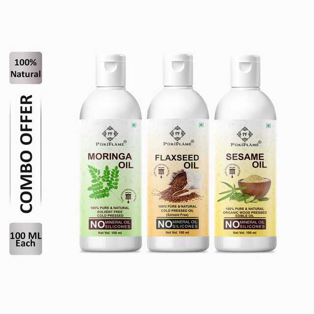 PuriFlame Pure Moringa Oil (100 ml) & Flaxseed Oil (100 ml) & Sesame Oil (100 ml) Combo For Rapid Hair Growth (Pack Of 3) (B-5487)