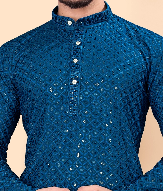 Cotton Blend Embroidered Kurta for Men (Blue, S)