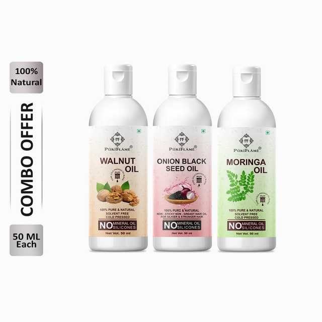 Puriflame Pure Walnut Oil (50 ml), Onion Black Seed Oil (50 ml) & Moringa Oil (50 ml) Combo for Rapid Hair Growth (Pack Of 3) (B-14045)