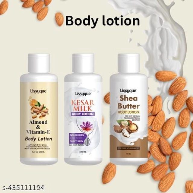  Lissyque Almond and Vitamin E Body Lotion + Kesar Milk Body Lotion + Shea Butter Body Lotion, For Skin Whitening & Brightening, Upto 48 Hrs Nourishment, Long Lasting Moisturisation, Normal to Dry Skin, 100 ml (Pack of 3)