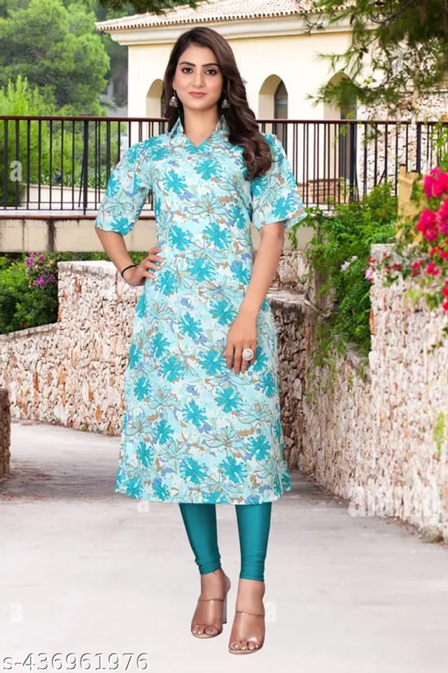 Polycotton Printed Kurti for Women (Sky Blue, S )