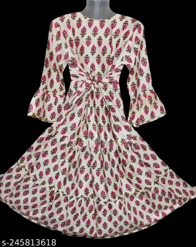 Cotton Printed Gown for Women (Cream & White, XL)