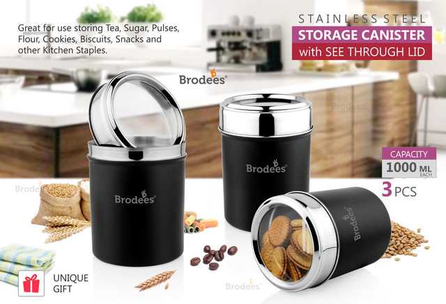Stainless Steel Storage Container Steel Grocery Container (1000 ml) (Pack of 3, Black) (A-55)