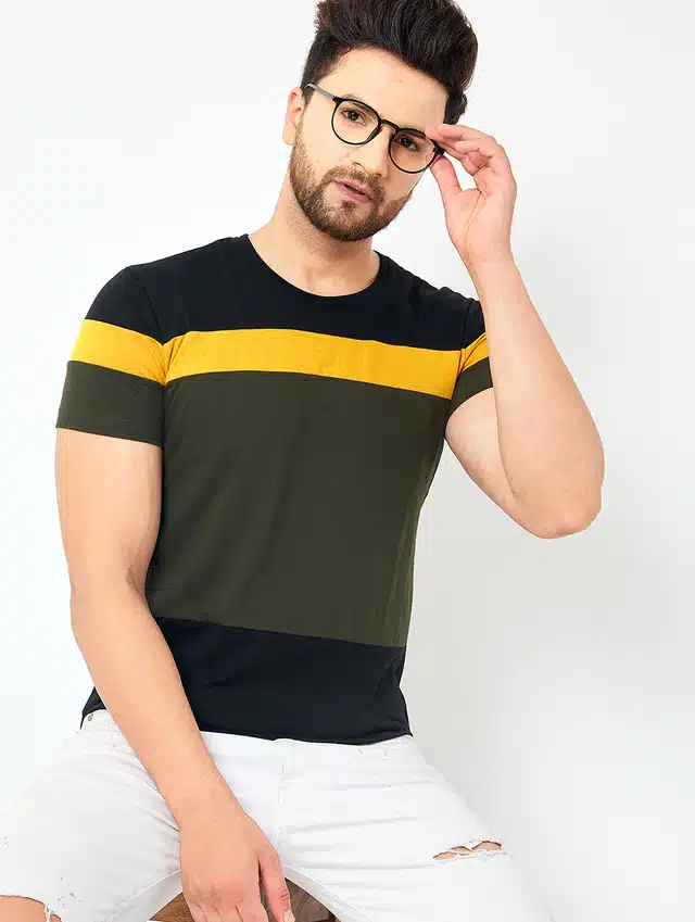 Men's Color Blocked Casual T-shirt (Black, XL)