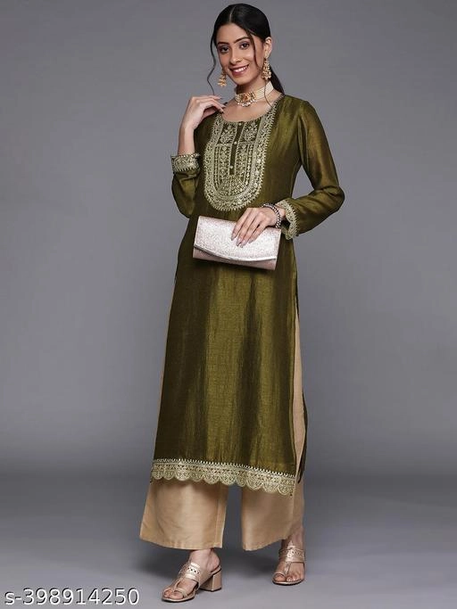 Silk Embroidered Kurti for Women (Olive, XS)