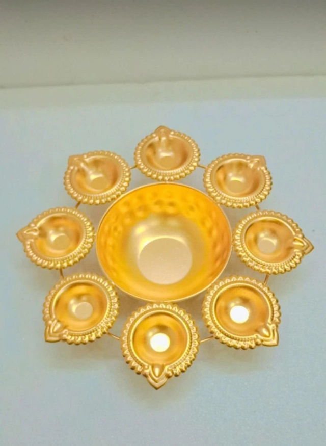 Metal Bowl with Diya Tealight Candle Holders for Pooja (Gold)