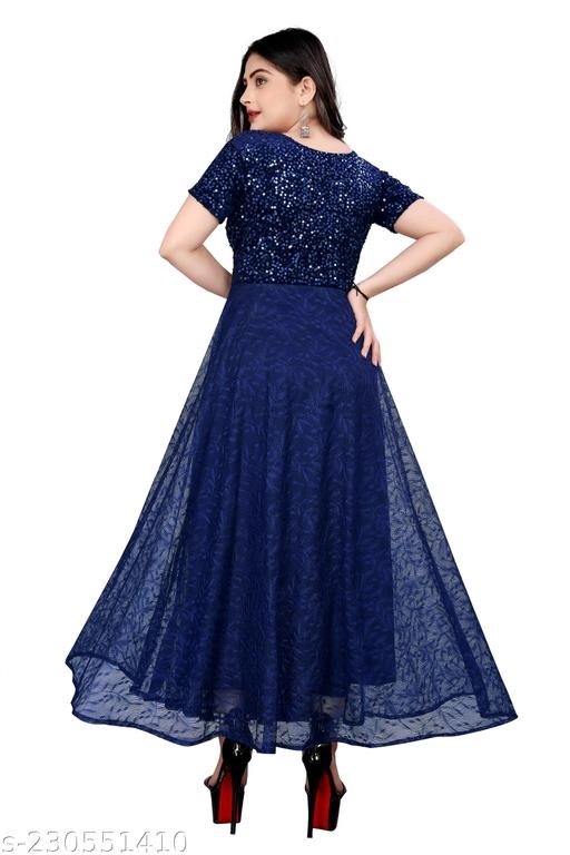 Georgette Embellished Gown for Women (Blue, S)