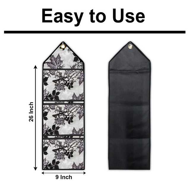 Polyester Wall Hanging Storage Organizer With 3 Utility Pockets (Black, 26x9 Inches) (E-47)
