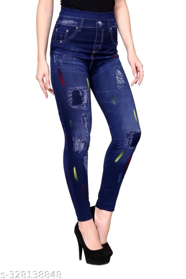 Polyester Dyed Jeggings for Women (Navy Blue, Free Size)