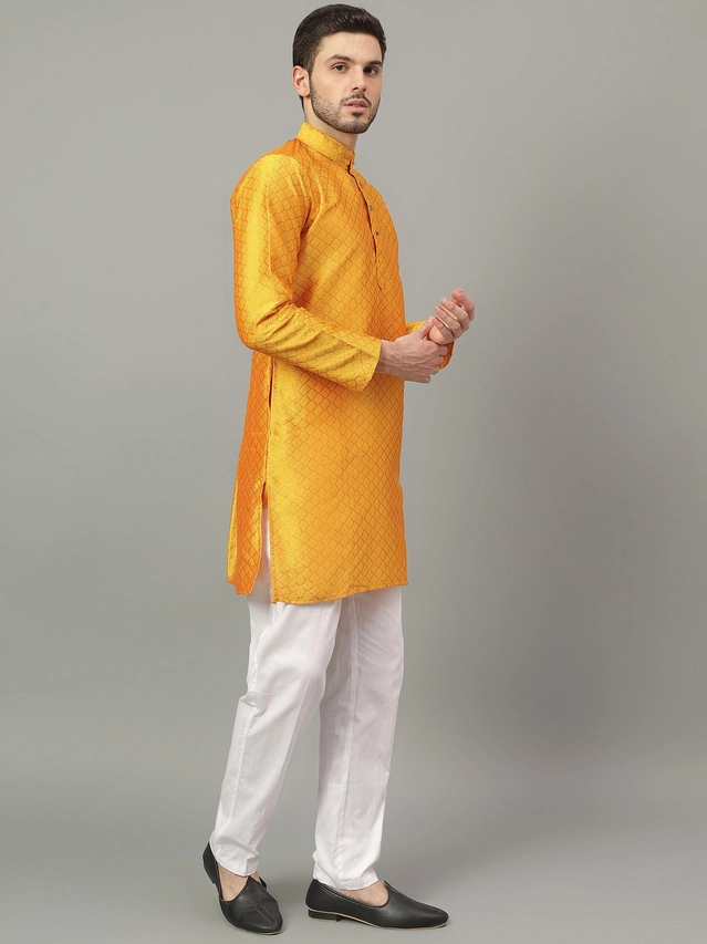 Jacquard Solid Kurta with Pant for Men (Mustard, S)