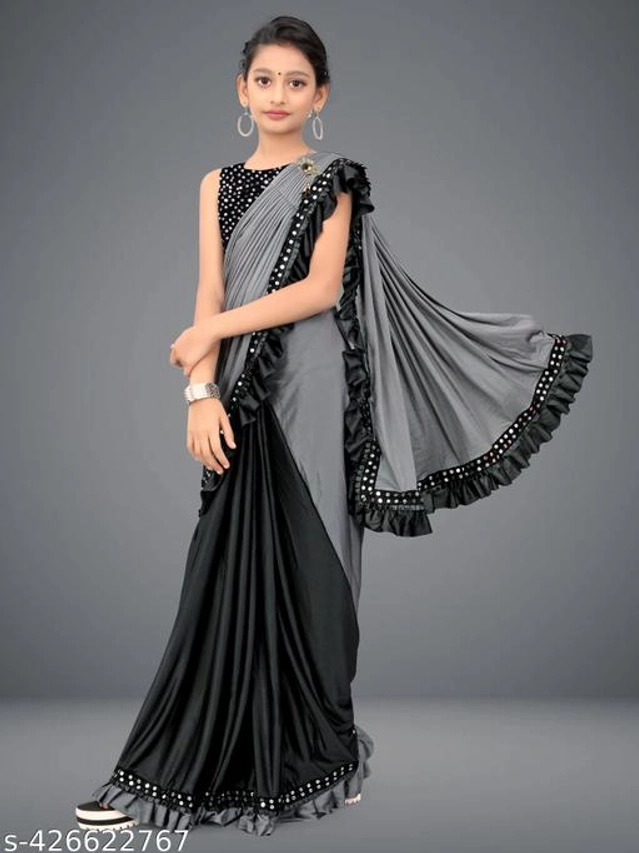 Checked Fancy Saree for Girls with Blouse (Grey & Black, 3-4 Years)