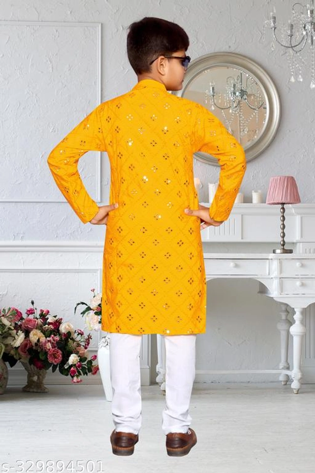 Cotton Blend Kurta Sets for Boys (2-3 Years, Yellow & White)