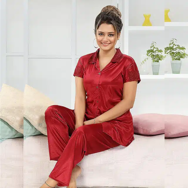 Satin T-Shirt with Trouser Nightsuit Set for Women (Maroon, M)