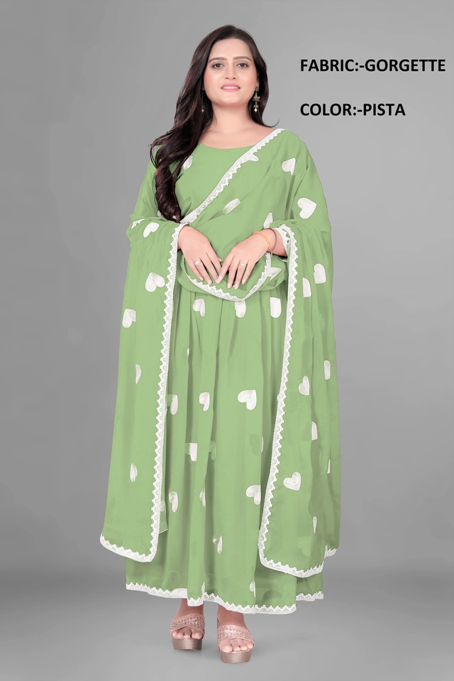 Georgette Ethnic Motif Gown with Dupatta for Women (Mint Green & White, S)