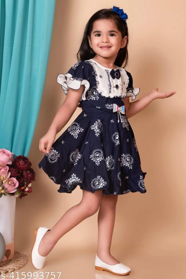 Cotton Printed Frock for Girls (Navy Blue, 1-2 Years)