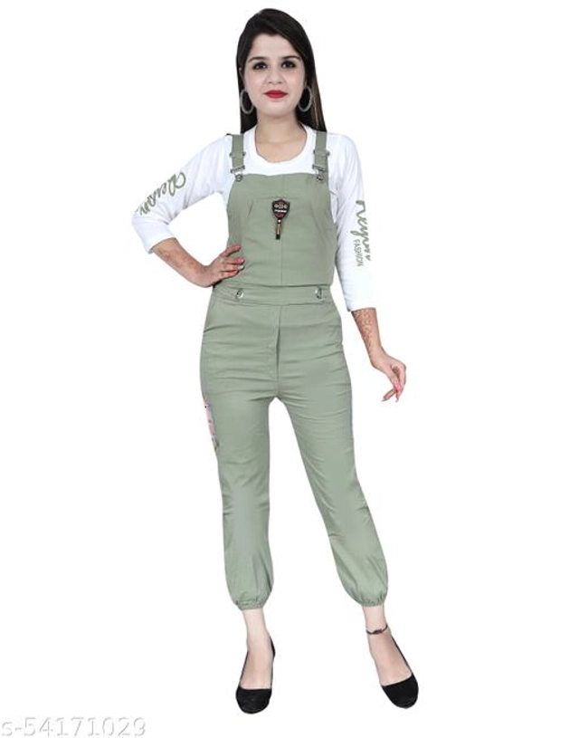 Cotton Blend Solid Dungaree for Women & Girls (White & Mint Green, M)