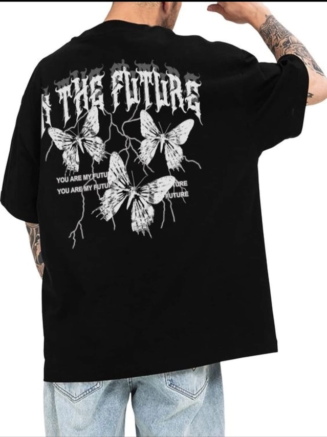 Cotton Round Neck Printed Oversized T-Shirt for Men (Black, S)