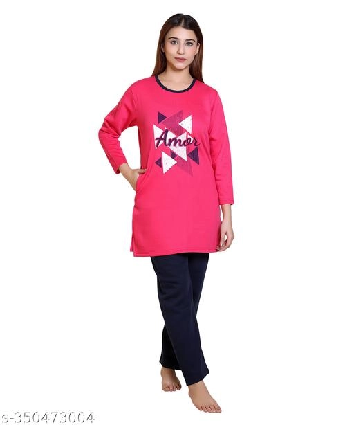 Wool Nightsuit for Women (Dark Pink & Blue, M)