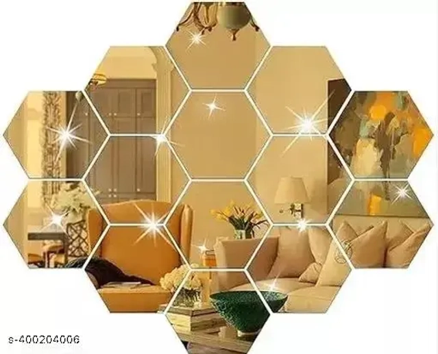 Acrylic Hexagon Shaped Wall Mirror Stickers (Gold, Pack of 14)