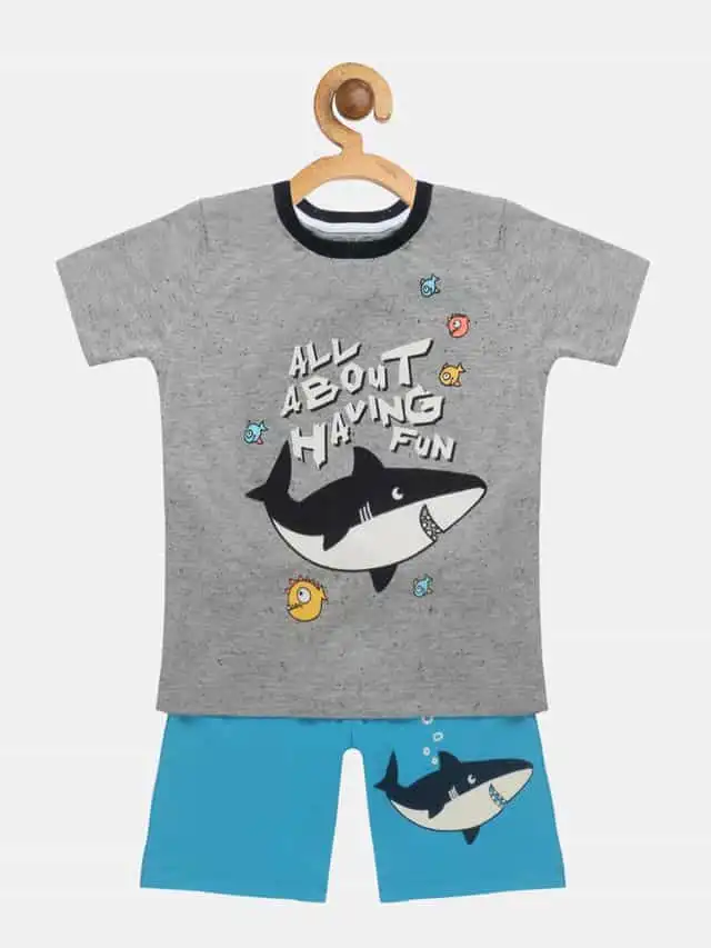लेज़ी शार्क (STF0562-78) बॉयज प्रिंटेड टी-शर्ट विथ शॉर्ट्स, ( ग्रे, 7-8 साल)