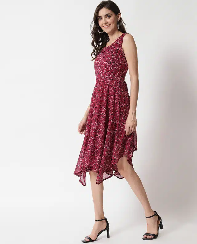 Floral Printed Asymmetric Dress for Women (Wine, S)