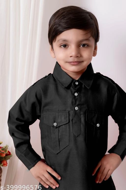 Cotton Solid Kurta with Pyjama for Boys (Black, 1-2 Years)