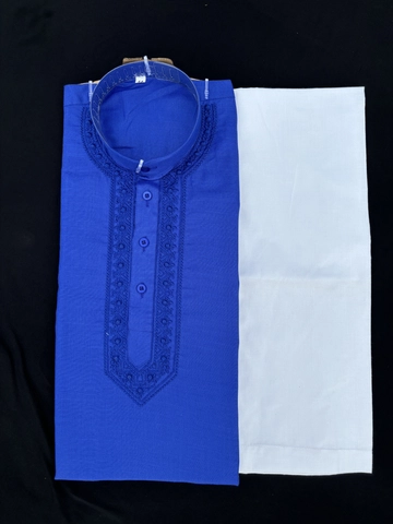 Cotton Full Sleeves Embroidered Kurta Set for Men (Royal Blue & White, M)