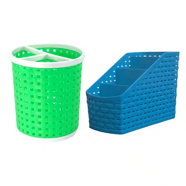 Plastic Utensils Holder & Desk Organiser for Multipurpose Use Combo Pack (Multicolor) (Pack of 2) (Lw-378)