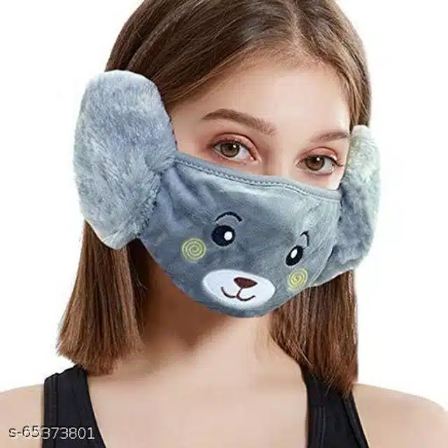 Winter Face Mask with Plush Ear Muffs for Kids (Grey, 3-10 Years)