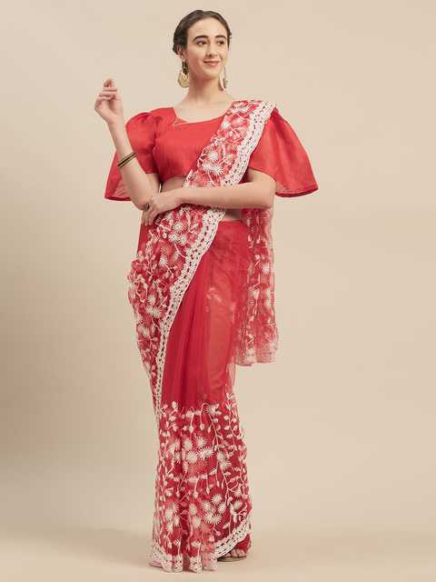 Zeelpin Net Women Embroidered Saree With Unstitched Banglory Silk Blouse (Red, 5.5 Mtr) (ZE-7)