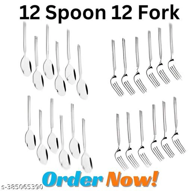 Stainless Steel 12 Pcs Spoons with 12 Pcs Forks (Silver, Set of 2)