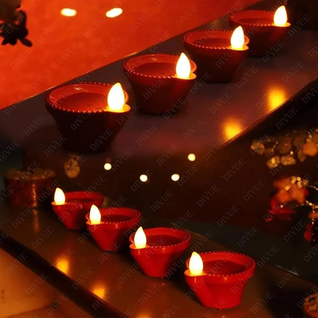 Plastic Traditional Water Sensor LED Diya for Diwali (Brown, Pack of 12)