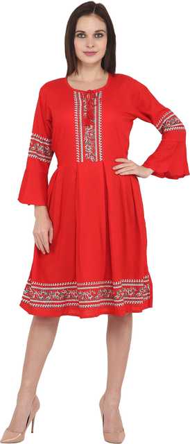 Stylish New Cotton Rayon Blend Women Printed Dress (Red, S) (ITN-94)
