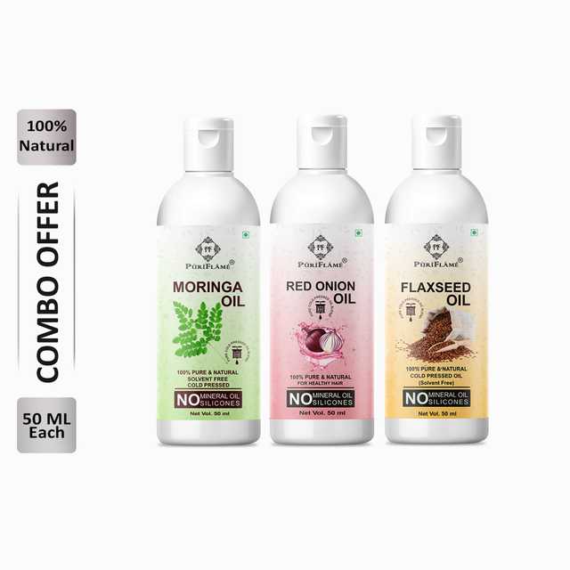 Puriflame Pure Moringa Oil (50 ml), Red Onion Oil (50 ml) & Flaxseed Oil (50 ml) Combo for Rapid Hair Growth (Pack Of 3) (B-11899)