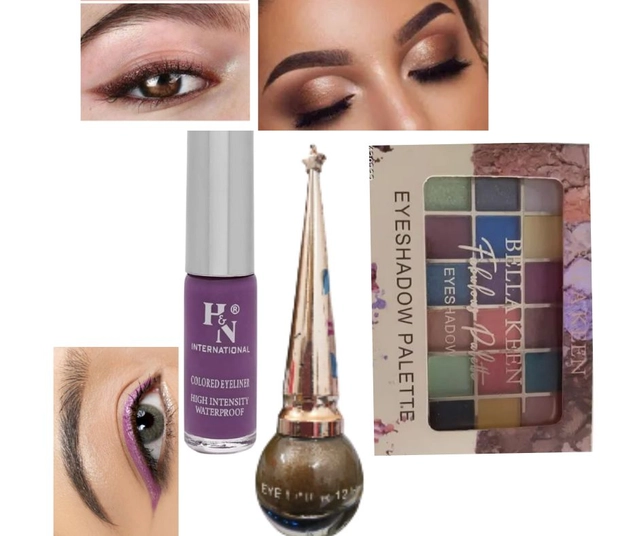 Combo of 2 Pcs Waterproof Eyeliner (Brown & Purple) & 18 Shades Eyeshadow Palette (Multicolor) (Set of 3)