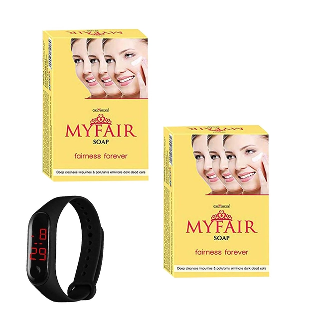 My Fair 2 Pcs Instant Fair Bathing Soap (75 g) with Digital Watch (Black) (Set of 2)