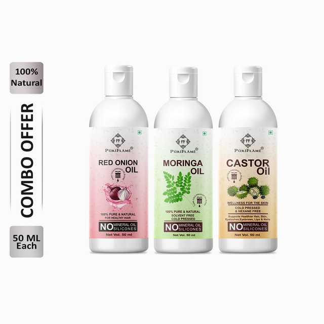 Puriflame Pure Red Onion Oil (50 ml), Moringa Oil (50 ml) & Castor Oil (50 ml) Combo for Rapid Hair Growth (Pack of 3) (B-13070)