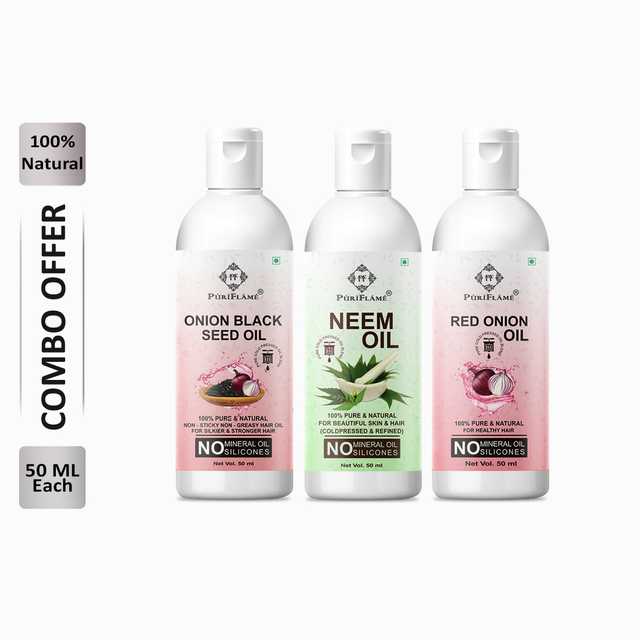 Puriflame Pure Onion Black Seed Oil (50 ml), Neem Oil (50 ml) & Red Onion Oil (50 ml) Combo for Rapid Hair Growth (Pack Of 3) (B-12789)