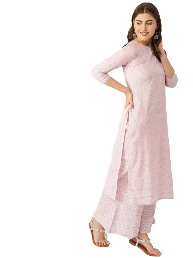 Cotton Blend Solid Kurta with Bottomwear for Women (Pink, S)