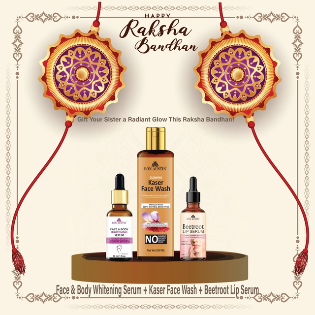 Combo of Bon Austin Face & Body Whitening Serum (30 ml) with Glowing Kesar Face Wash (200 ml) & Beetroot Lip Serum (30 ml) (Set of 3)