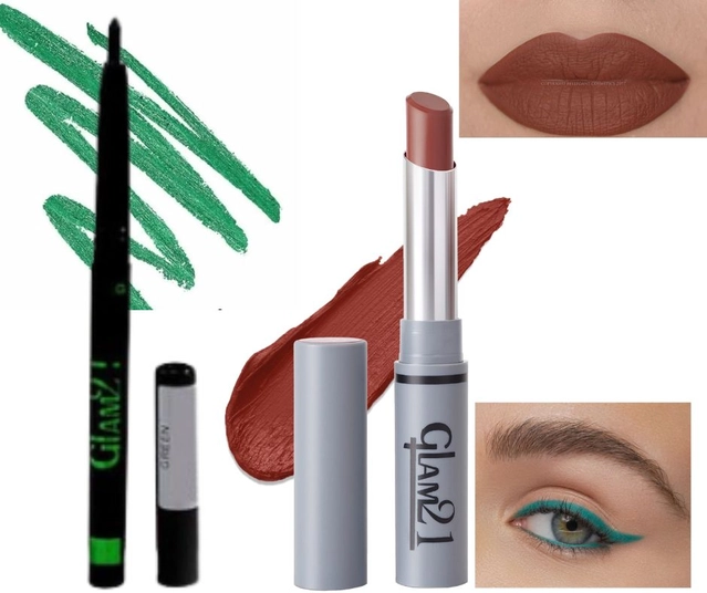 Glam21 Matte Non Transfer Lipstick with Sharpener & Glam21 Waterproof Kajal (Dark Cocoa & Green, Set of 2)