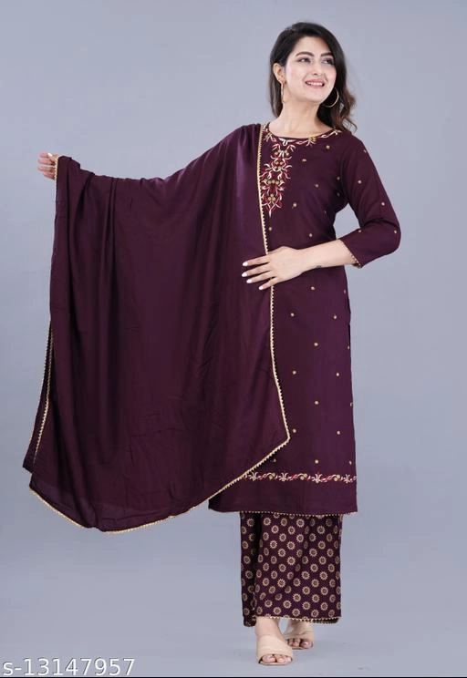 Rayon Embellished Kurti with Palazzo & Dupatta for Women (Maroon, M)