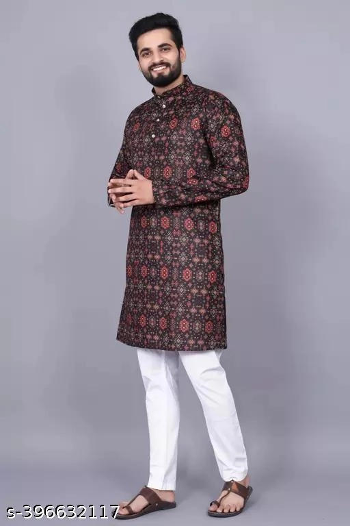 Cotton Printed Kurta with Pyjama for Men (S, Multicolor)