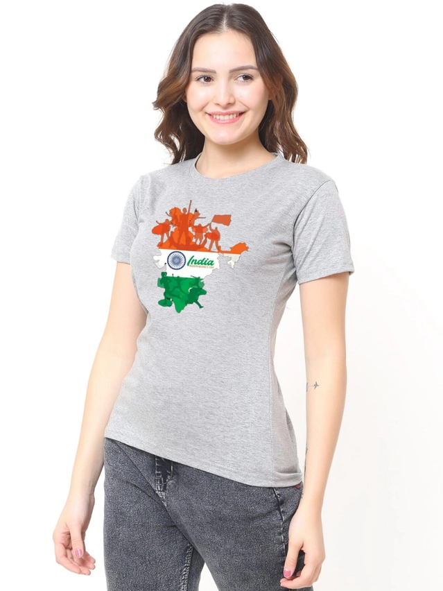 Cotton Round Neck Independence Day Printed T-Shirt for Women  (Grey, S )