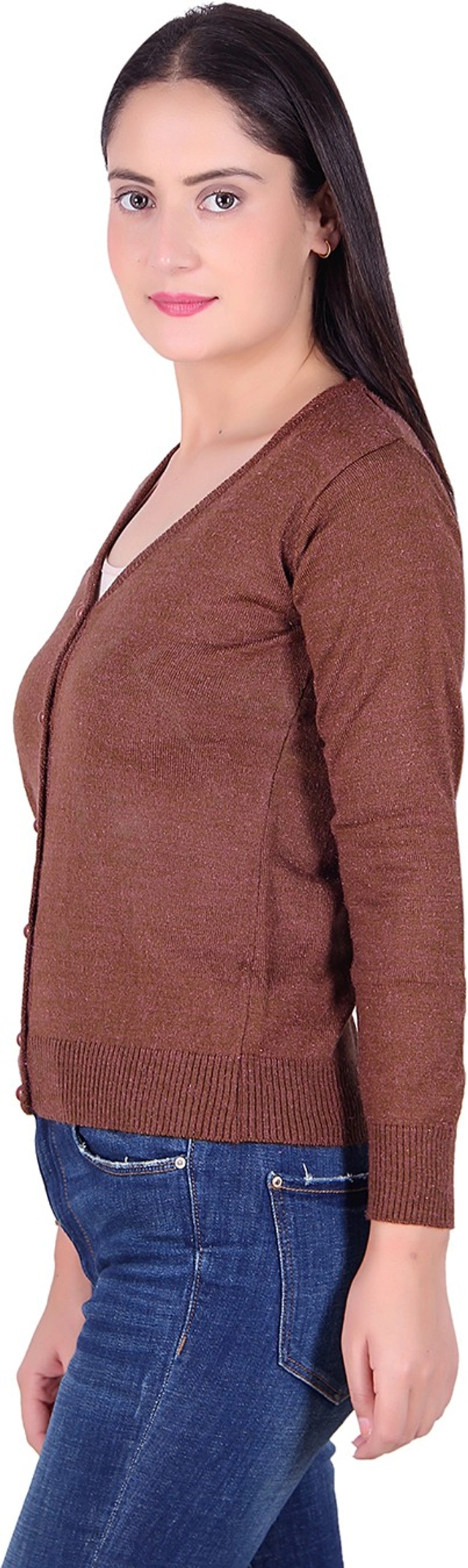 V Neck Solid Cardigans for Women (Brown, M)