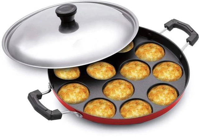 12 Cavities Non Stick Appam Patra with Lid (Red & Black, 1000 ml)