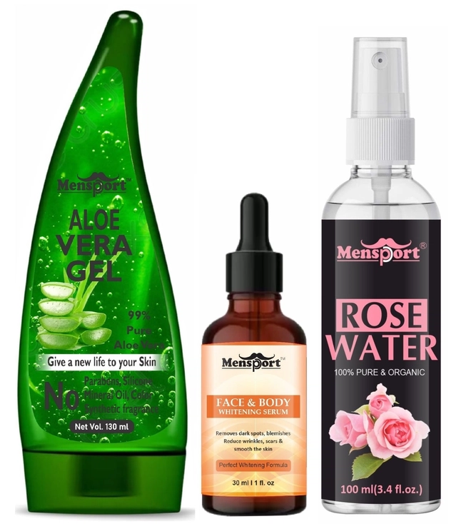 Mensport Aloevera Face Gel (130 ml), Face & Body Whitening Serum (30 ml), Natural Rose Water (100 ml) (Set of 3)