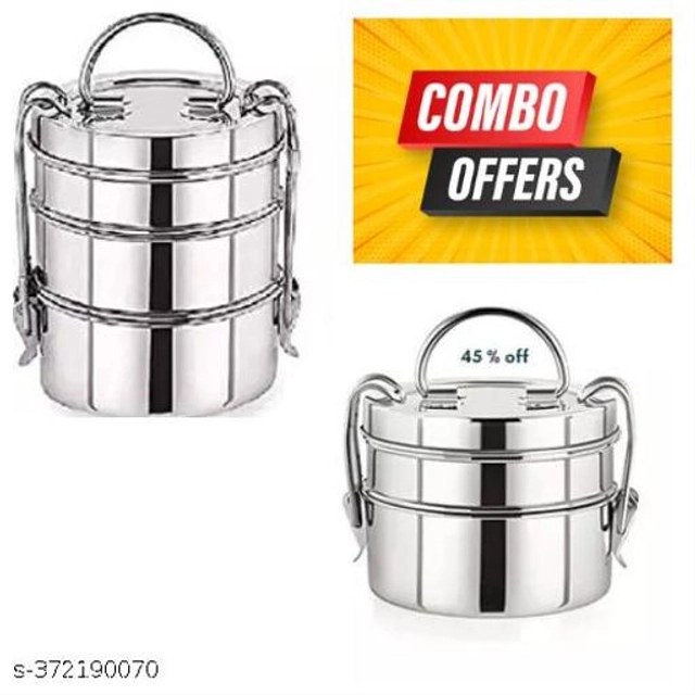 Stainless Steel 3 Layer Lunch Box (Silver, Pack of 2)